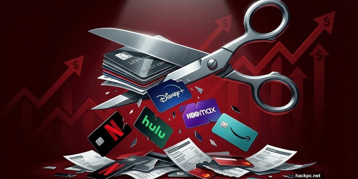 Scissors cutting through streaming service logos on credit cards