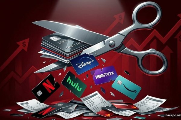Scissors cutting through streaming service logos on credit cards