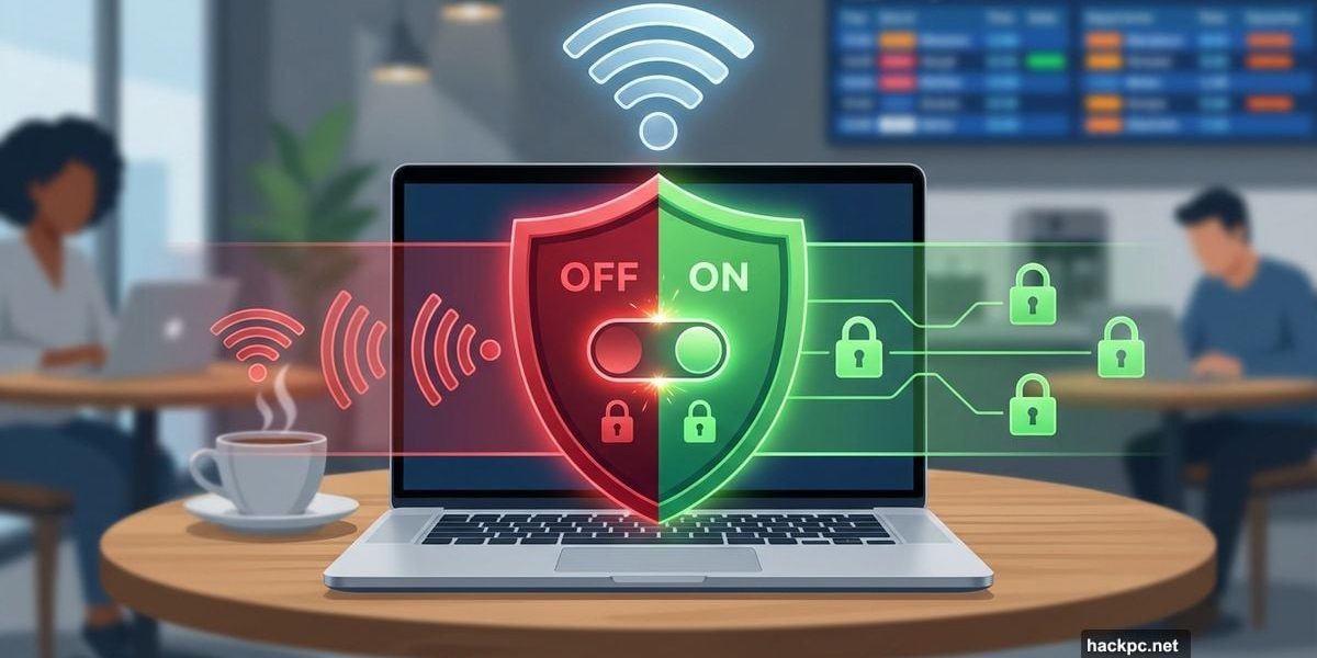 Laptop with VPN shield toggle switching on over public Wi-Fi network