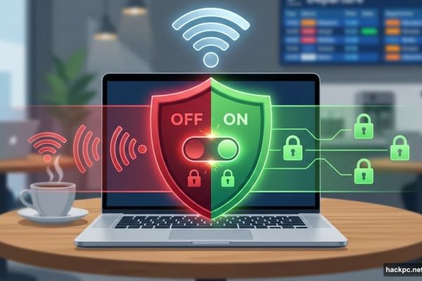 Laptop with VPN shield toggle switching on over public Wi-Fi network