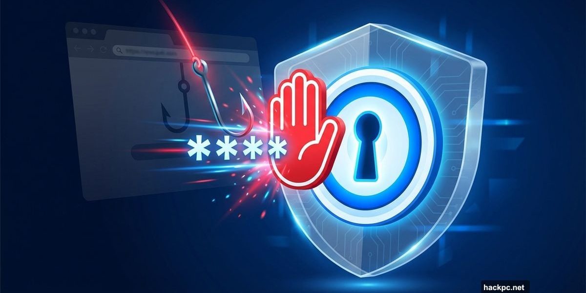 1Password logo blocking fishing hook attempting to steal password credentials