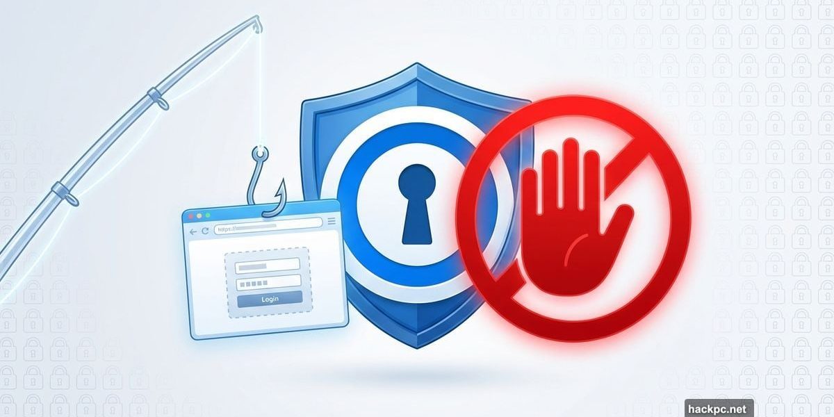 1Password shield blocking fishing hook with fake website protecting password