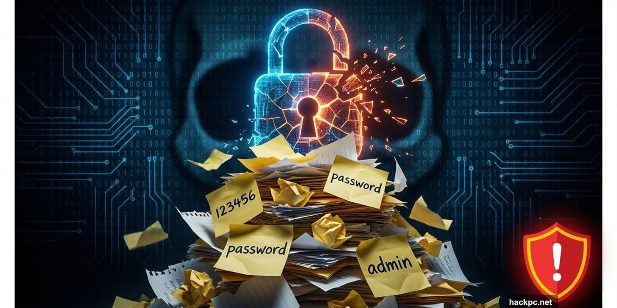 Broken padlock surrounded by common stolen passwords like 123456