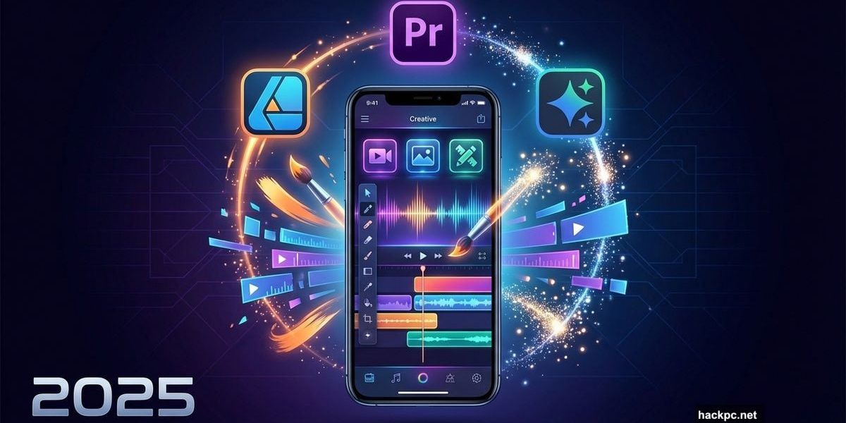 Smartphone surrounded by creative software icons representing 2025 updates