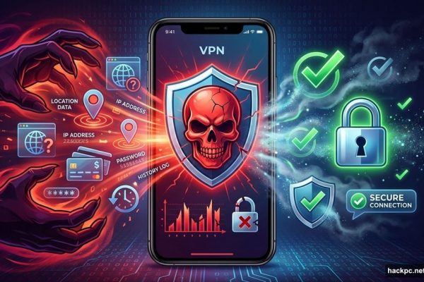 Smartphone showing fake VPN app with skull, data leaking to shadowy hands