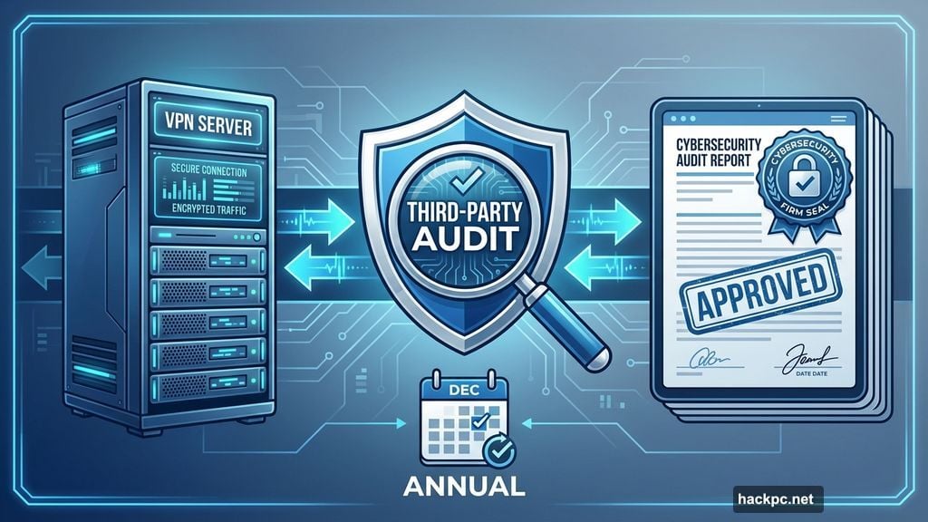 Independent audits inspect server infrastructure and verify privacy claims annually