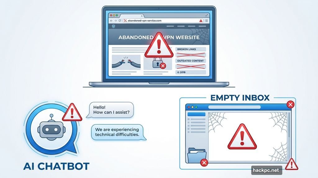 Shady VPNs have abandoned websites and unhelpful AI chatbot responses
