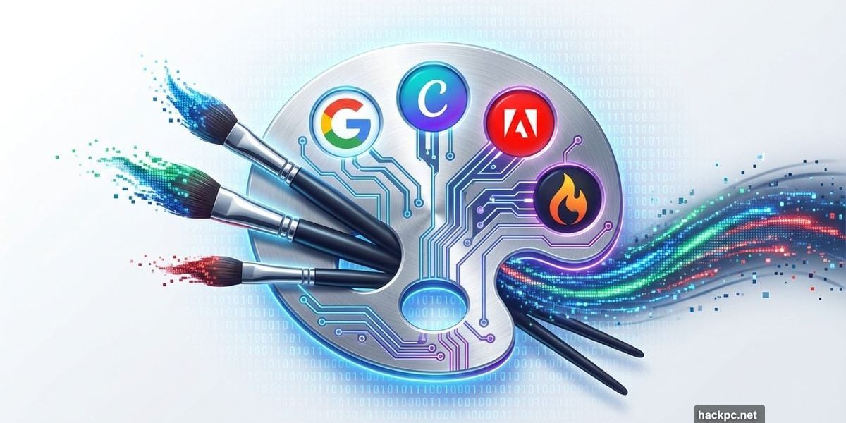 Artist palette with AI circuit patterns containing major image generator logos