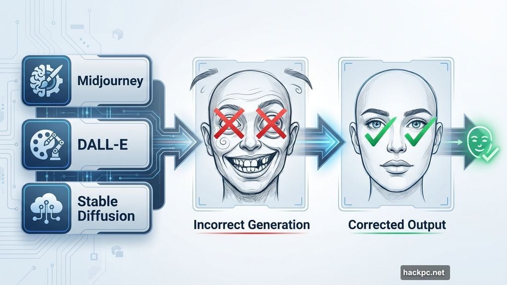 AI generators struggle with human faces showing wrong eyes and teeth