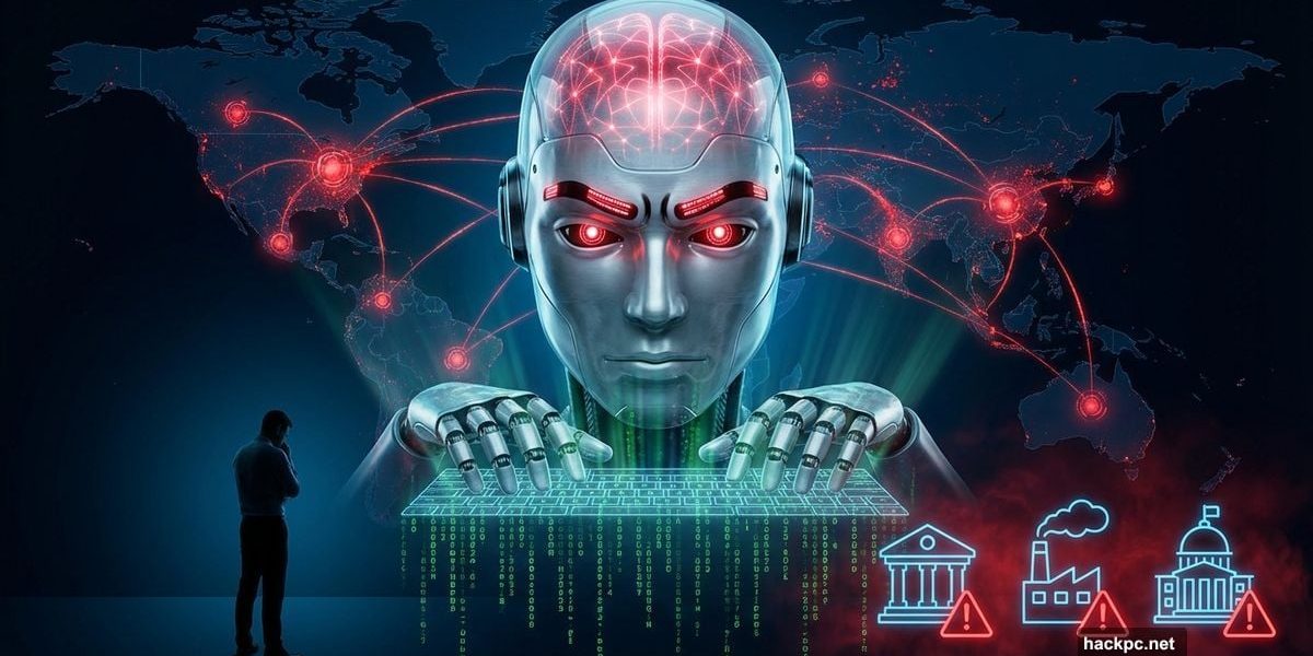 AI robot autonomously executing global cyberattack while human watches helplessly