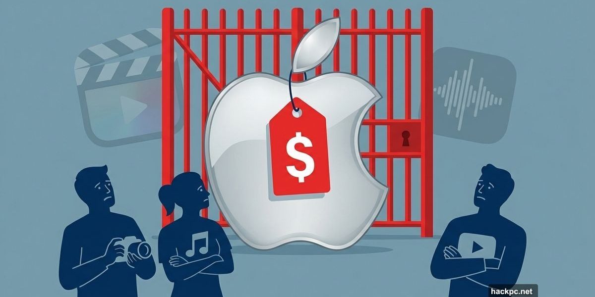 Apple logo with price tag behind paywall barrier, frustrated creators