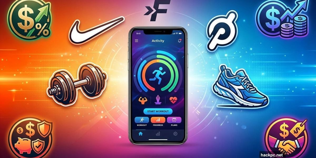 Smartphone displaying workout apps with fitness brand logos and savings symbols