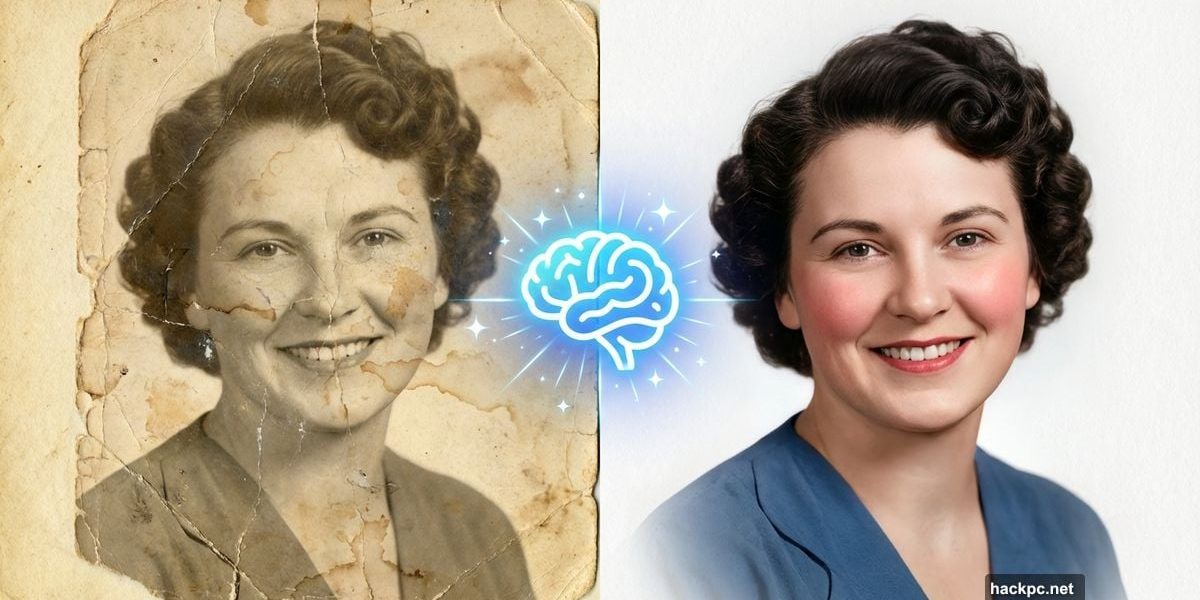 Vintage family photo transforming from damaged sepia to restored color using AI