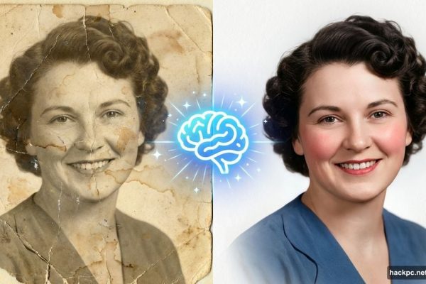 Vintage family photo transforming from damaged sepia to restored color using AI