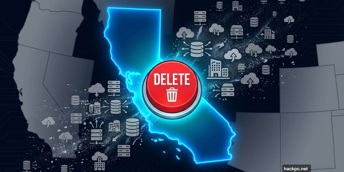 California state glowing with delete button, surrounded by fading data broker icons