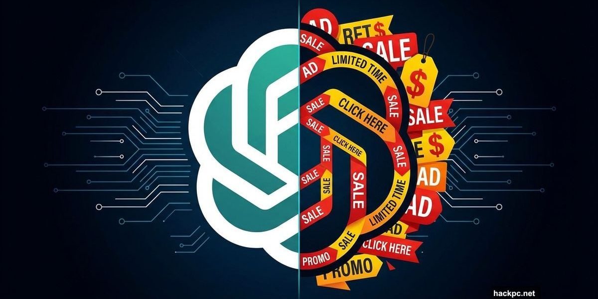 ChatGPT logo split between clean interface and cluttered advertisements