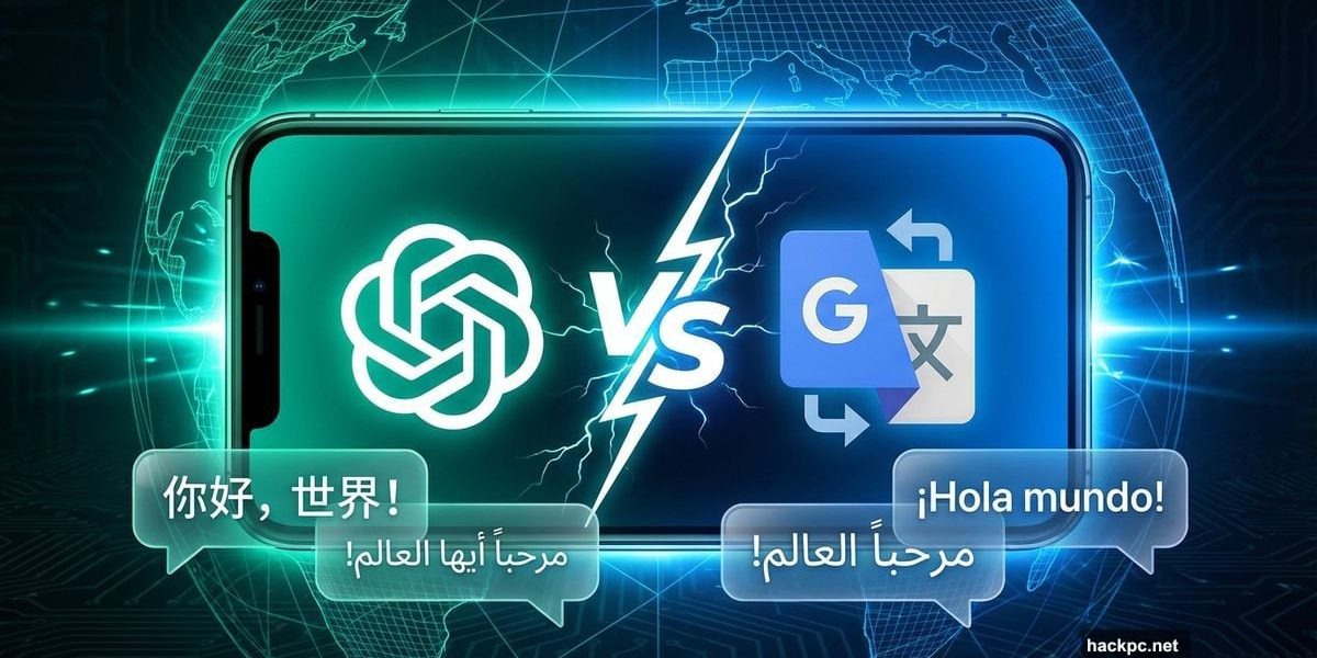 ChatGPT and Google Translate logos facing off with translation symbols between