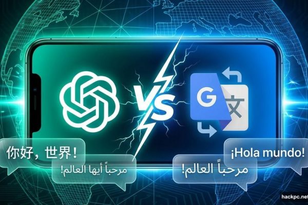 ChatGPT and Google Translate logos facing off with translation symbols between