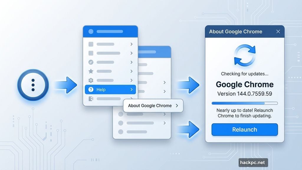 Manual Chrome update through Help menu About Google Chrome
