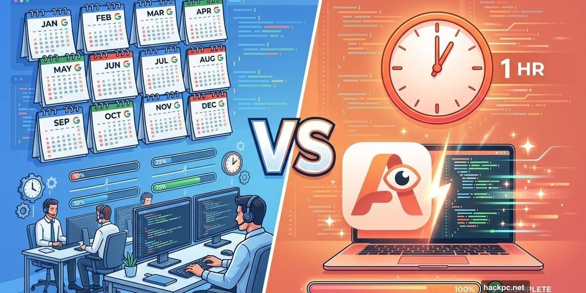 Google one year versus Claude Code one hour comparison illustration