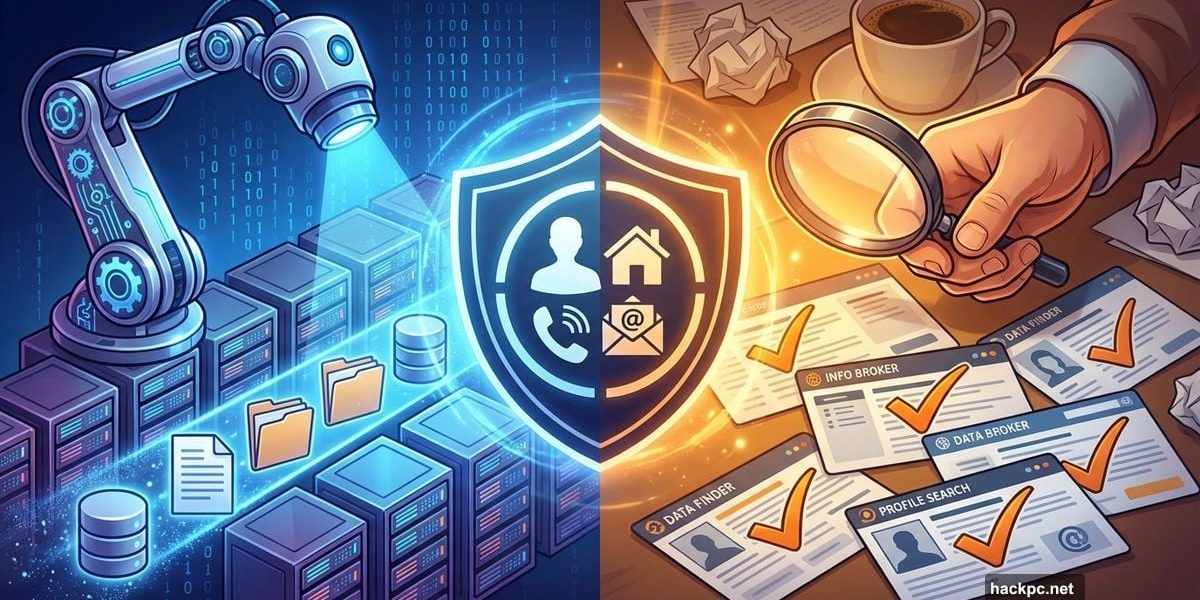 Automated robot versus manual hand removing personal data from internet