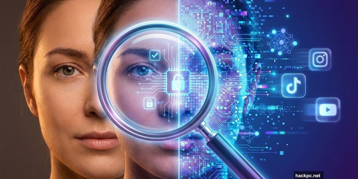 Split face showing real versus AI-generated deepfake under magnifying glass