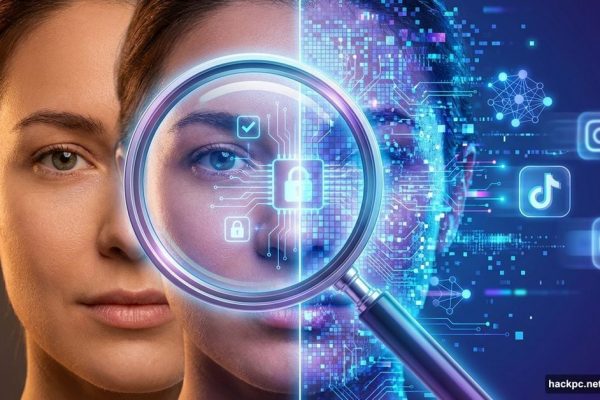 Split face showing real versus AI-generated deepfake under magnifying glass