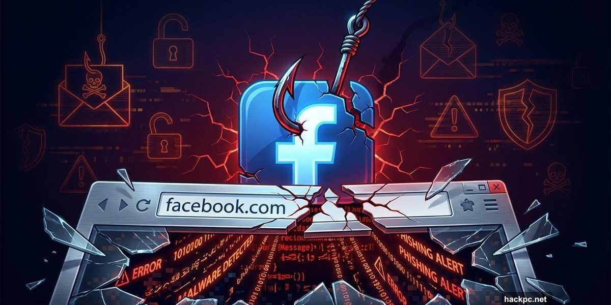 Facebook logo pierced by phishing hook with fake browser window breaking apart