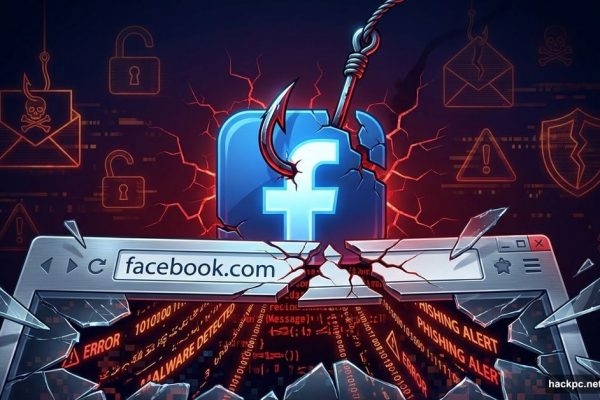 Facebook logo pierced by phishing hook with fake browser window breaking apart