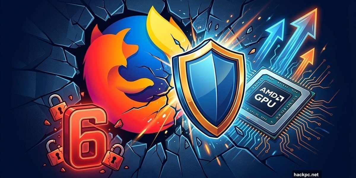 Firefox logo with shield crushing security vulnerabilities and AMD performance boost