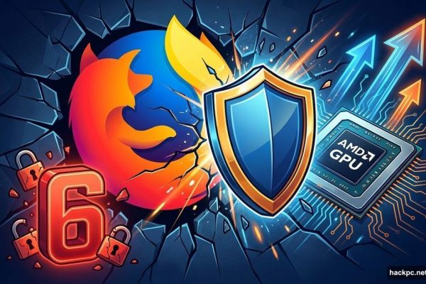 Firefox logo with shield crushing security vulnerabilities and AMD performance boost