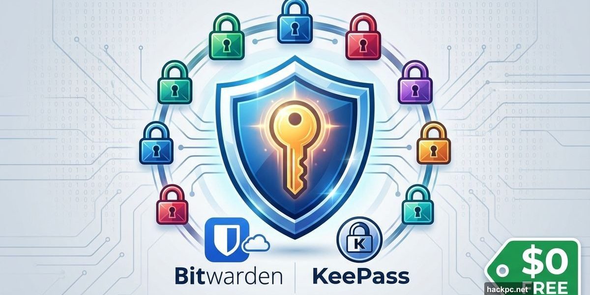 Shield with key protecting multiple locks representing free password managers