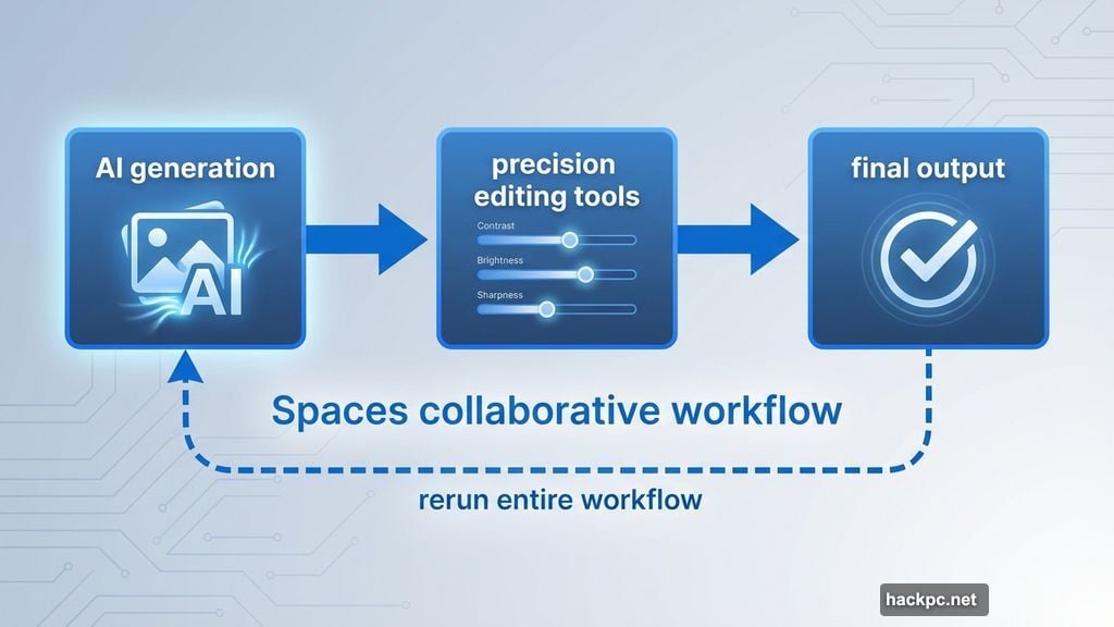 Spaces workflow chains AI operations with professional editing controls