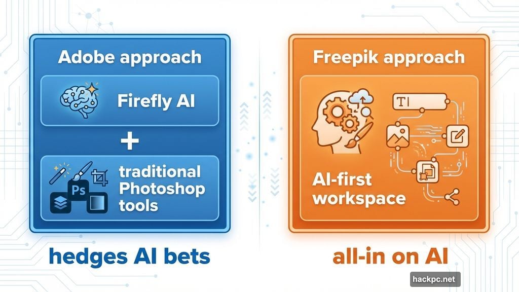 Freepik unified AI-first workspace versus Adobe's traditional tool approach