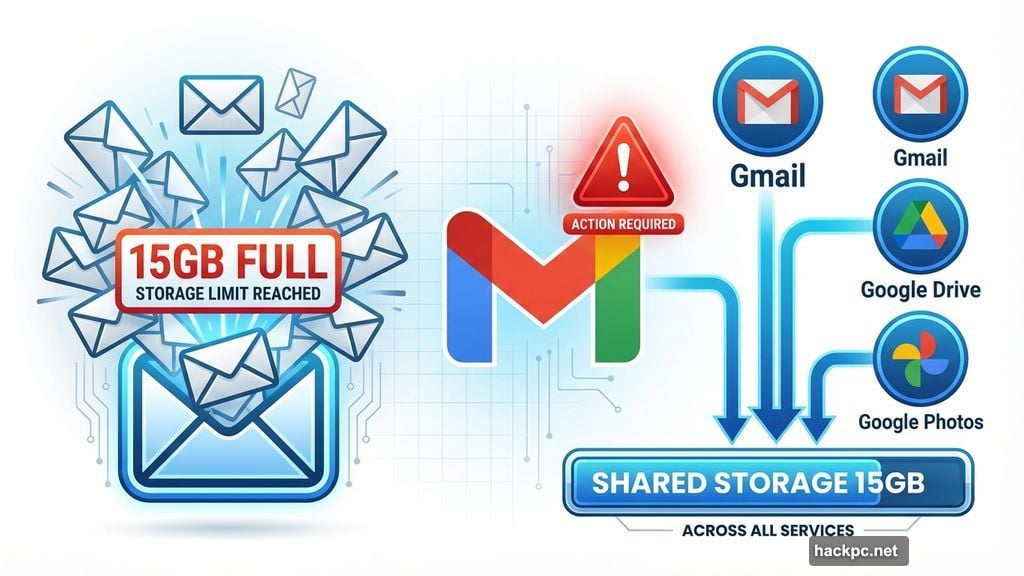 Gmail storage covers three services: Gmail, Drive, and Photos together