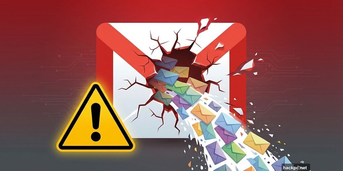 Broken Gmail logo with spam emails flooding out and warning symbol