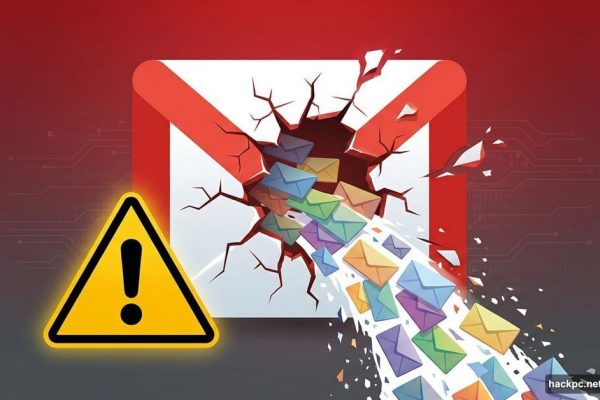 Broken Gmail logo with spam emails flooding out and warning symbol