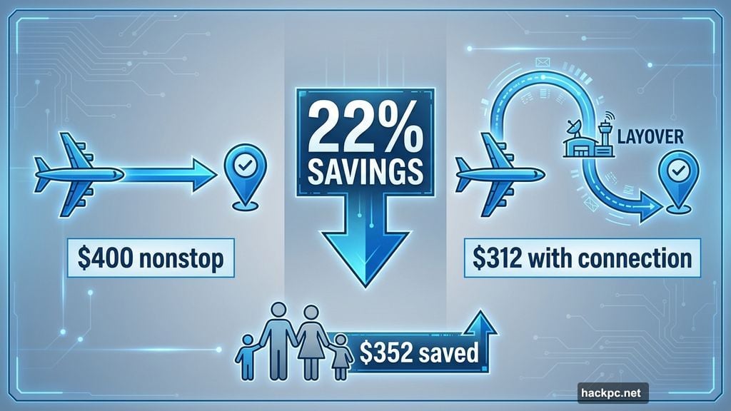 Flights with connections cost 22 percent less than nonstop options