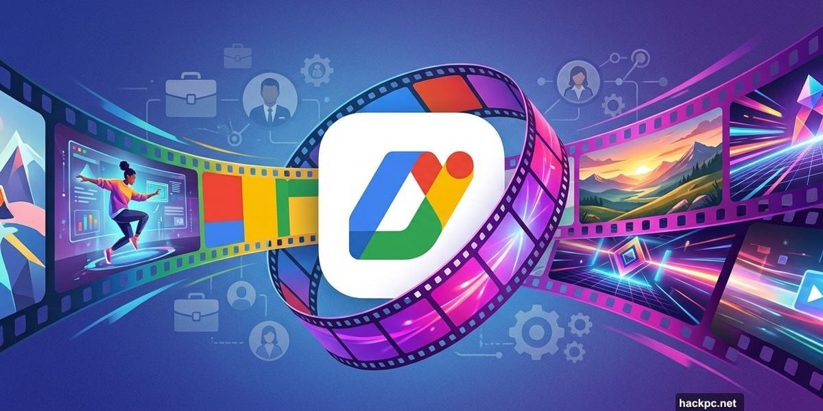 Google Workspace logo generating AI video clips flowing outward