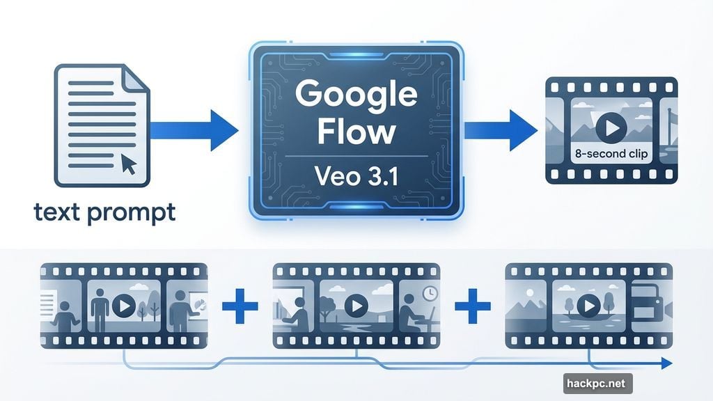 Flow generates eight-second video clips from text prompts using Veo