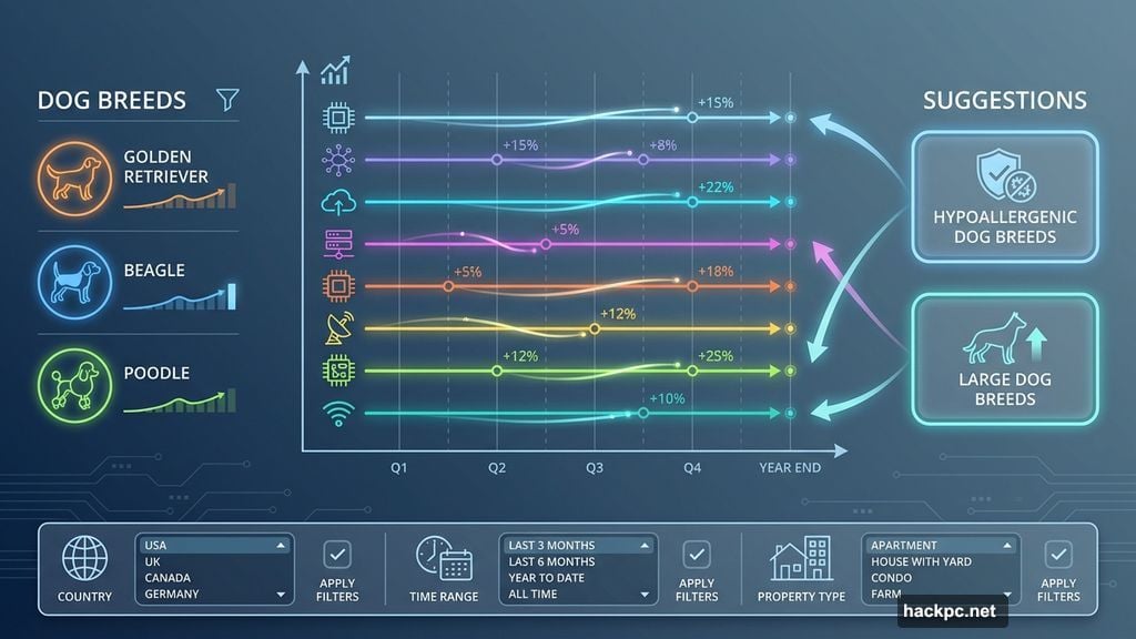 Color coding and dedicated icons make trend comparisons obvious at glance