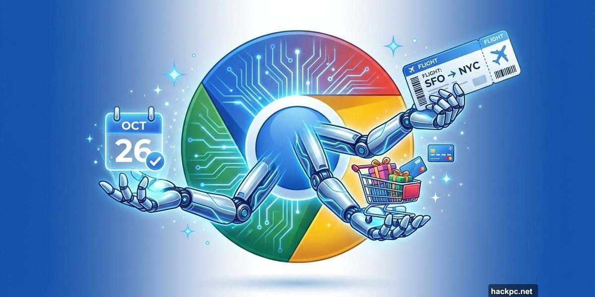 Chrome browser logo with AI assistant arm performing multiple tasks