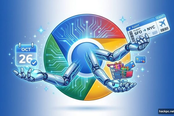 Chrome browser logo with AI assistant arm performing multiple tasks