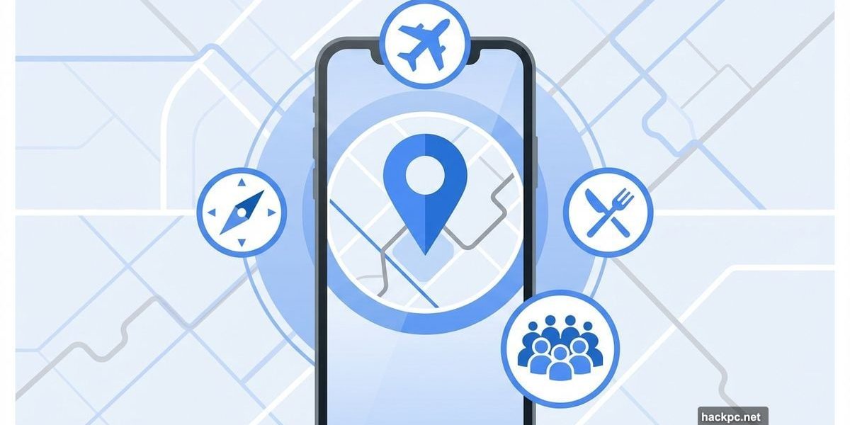 Smartphone showing Google Maps surrounded by travel icons and navigation symbols