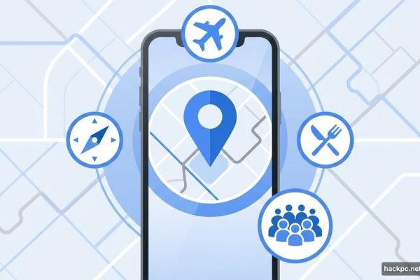 Smartphone showing Google Maps surrounded by travel icons and navigation symbols