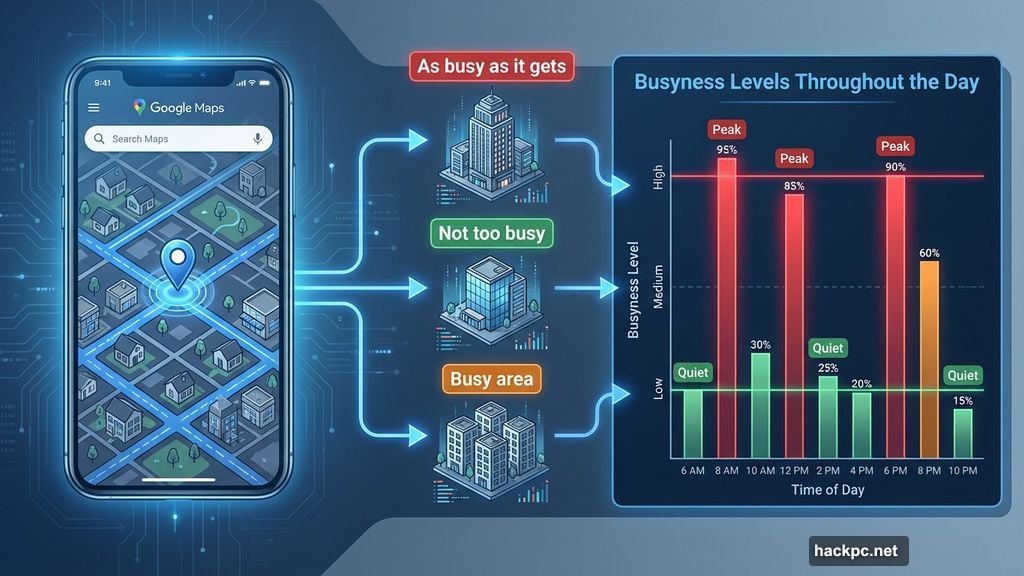 Busyness chart shows crowd levels at locations throughout the day