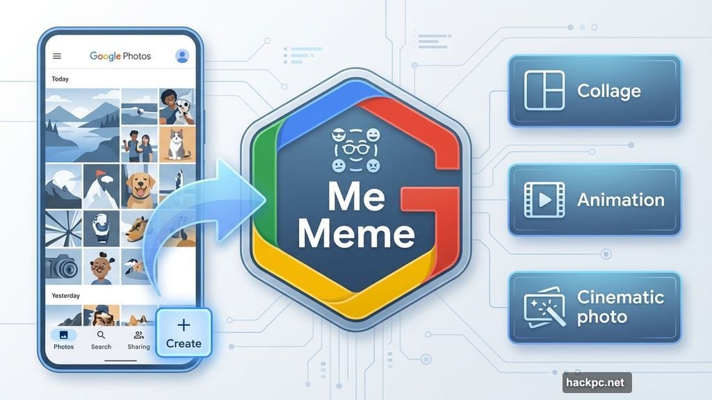 Finding Me Meme feature inside Google Photos Create tab