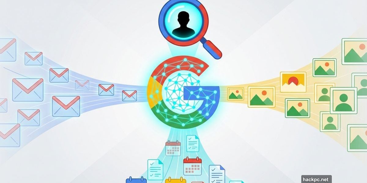 Google logo receiving personal data streams from Gmail and Photos