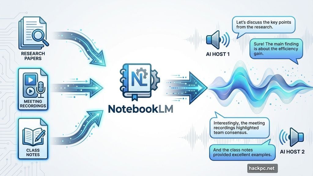 Audio Overviews convert sources into podcast-style conversations with AI hosts