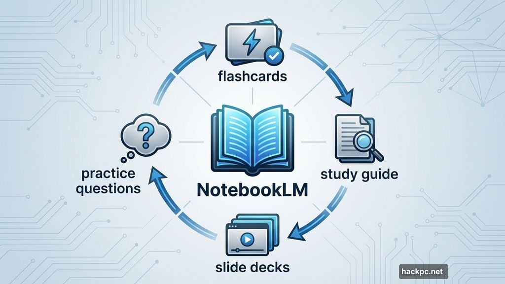 One click generates flashcards, practice questions, and study guides instantly